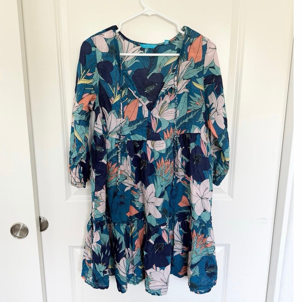 Tori Richard Lightweight Drop Waist Floral Tassel Dress Blue Small
